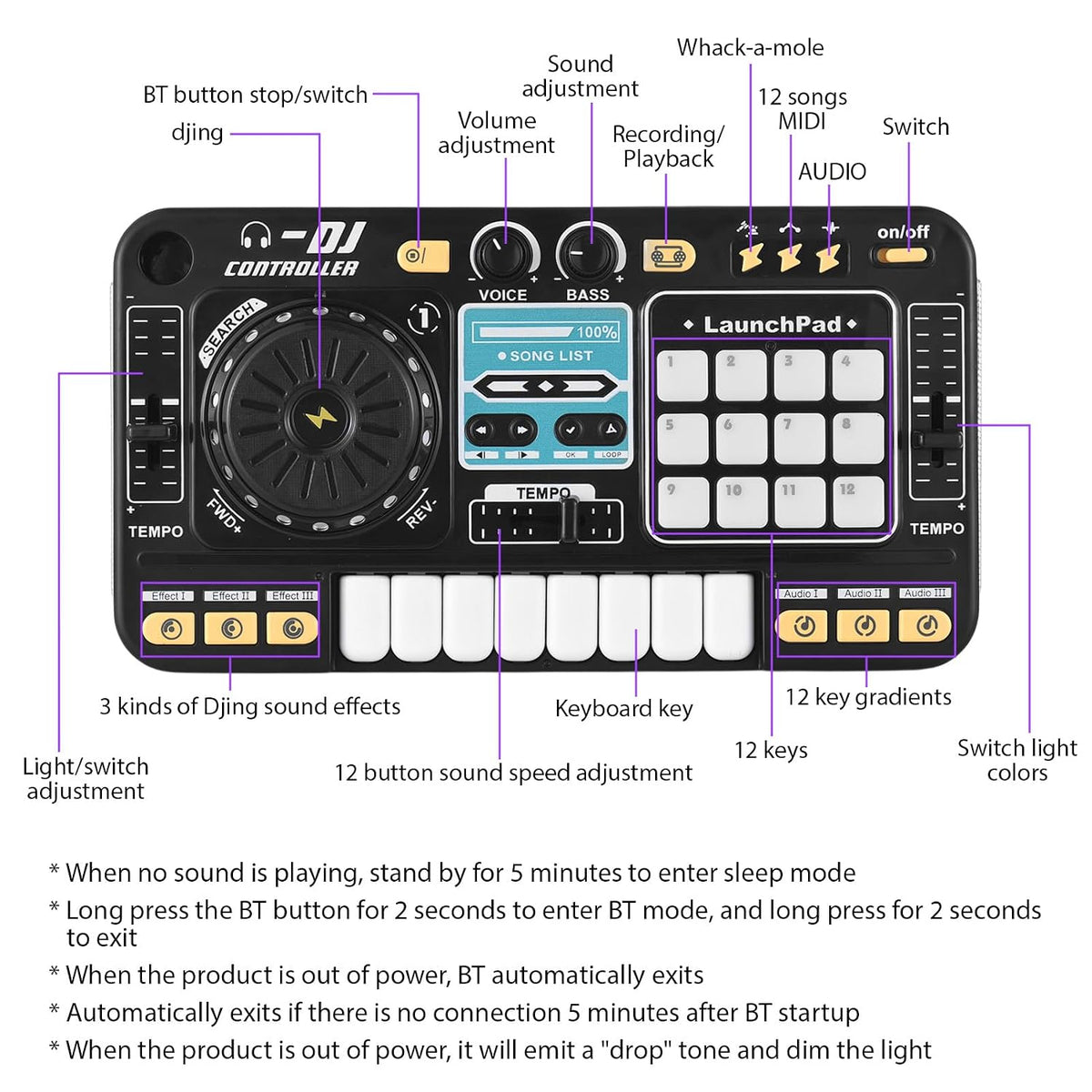 DJ Controller Player Electronic Keyboard BT DJ Mixer Table with Adjustable Microphone Dynamic Lighting Effects (Black)
