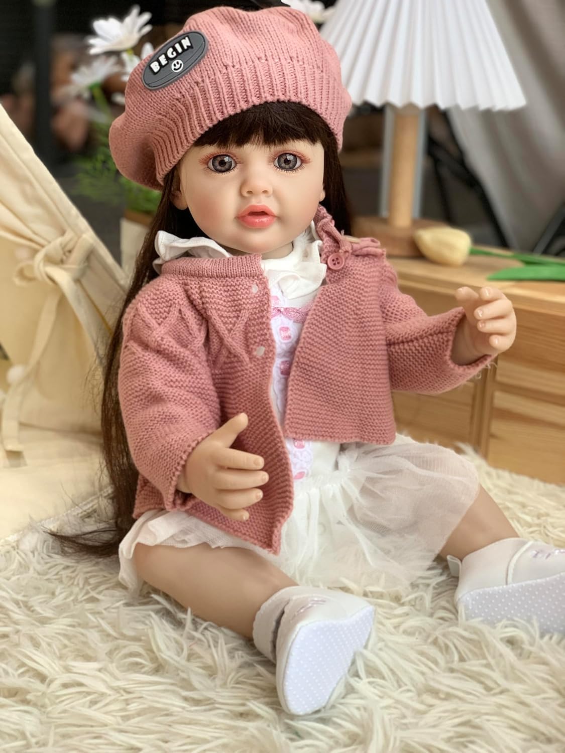 Reborn Baby Dolls Silicone Vinyl Toddler Toys with Straight Brown Hair DIY Fashion Style for Girls Birthday Gift Set for 3+ Ages