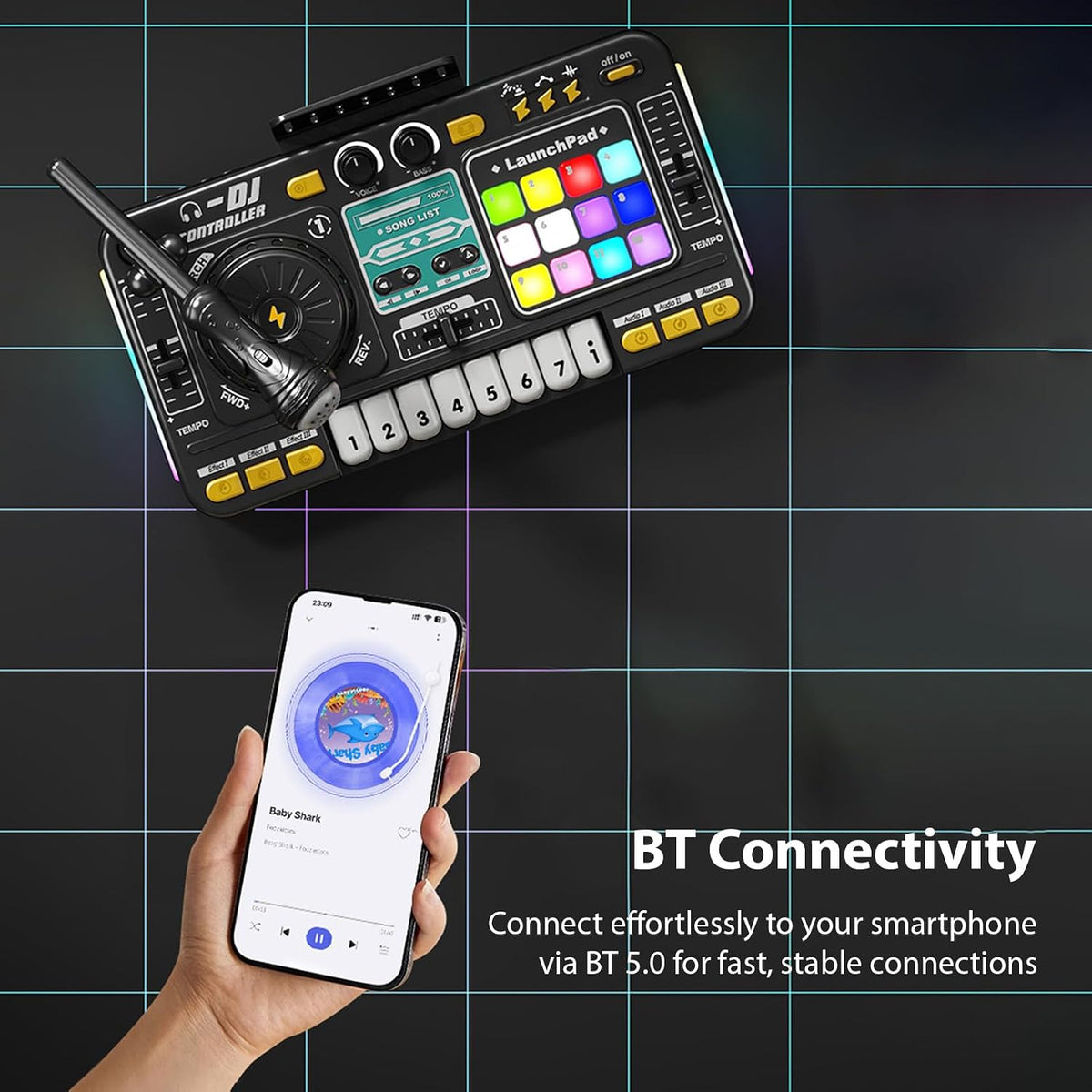 DJ Controller Player Electronic Keyboard BT DJ Mixer Table with Adjustable Microphone Dynamic Lighting Effects (Black)