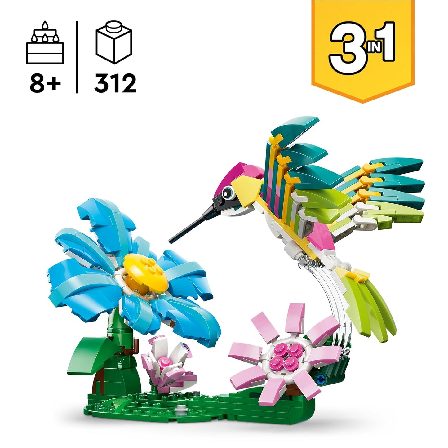 LEGO Creator 3 in 1 Wild Animals: Colorful Hummingbird - Rebuilds into a Butterfly or Fish - 31384