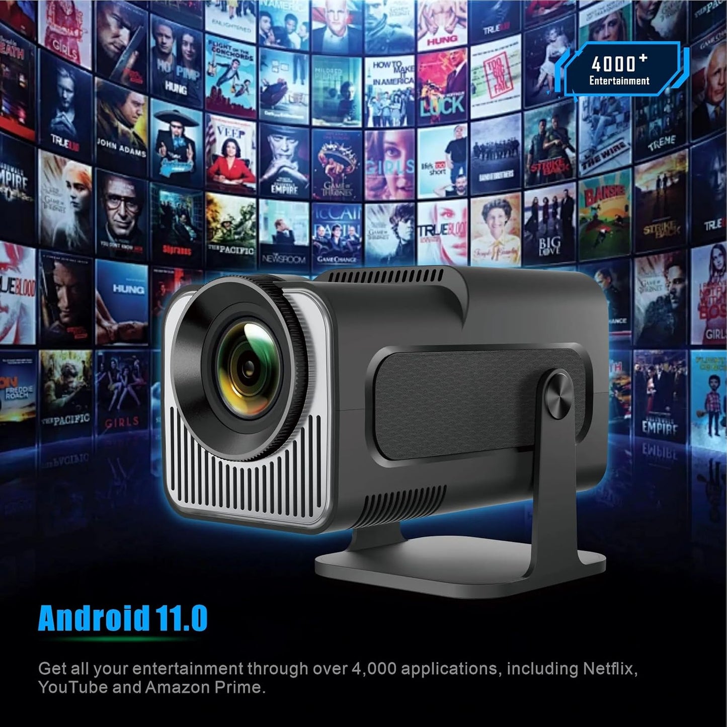 HY320 Mini Support 4K,Native 720P Portable Projector with WiFi/Bluetooth//HDMI Android 11 Smart Projector Auto Keystone, 180°Rotatable Freestyle Video Projector for Home Office School (Black)