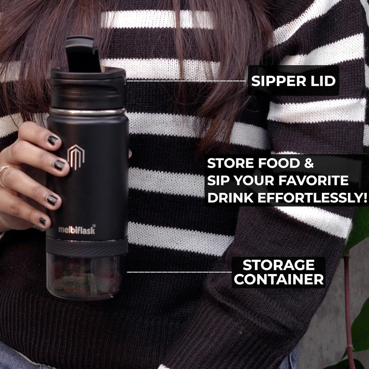 Melbify Melbiflask Mini | 2 in 1 Everyday Flask with Snack Compartment | 500 ml | Black | Hot 12 Hrs/Cold 24 Hrs | Wide Mouth | Easy Flip Lid | BPA-Free | Fits in Bag/Car | Ideal for School, Work, Gym