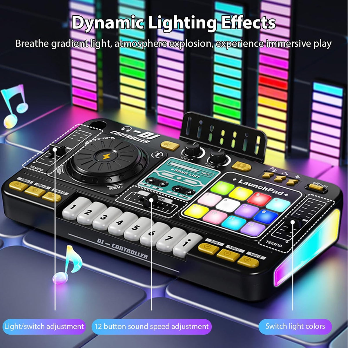 DJ Controller Player Electronic Keyboard BT DJ Mixer Table with Adjustable Microphone Dynamic Lighting Effects (Black)