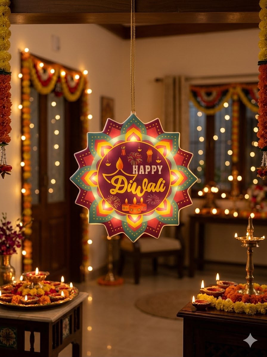 Happy Diwali" Hanging LED Window & Door Decor Light | Festive Mandala Diya Silhouette Light for Home, Pooja Room & Balcony Decoration