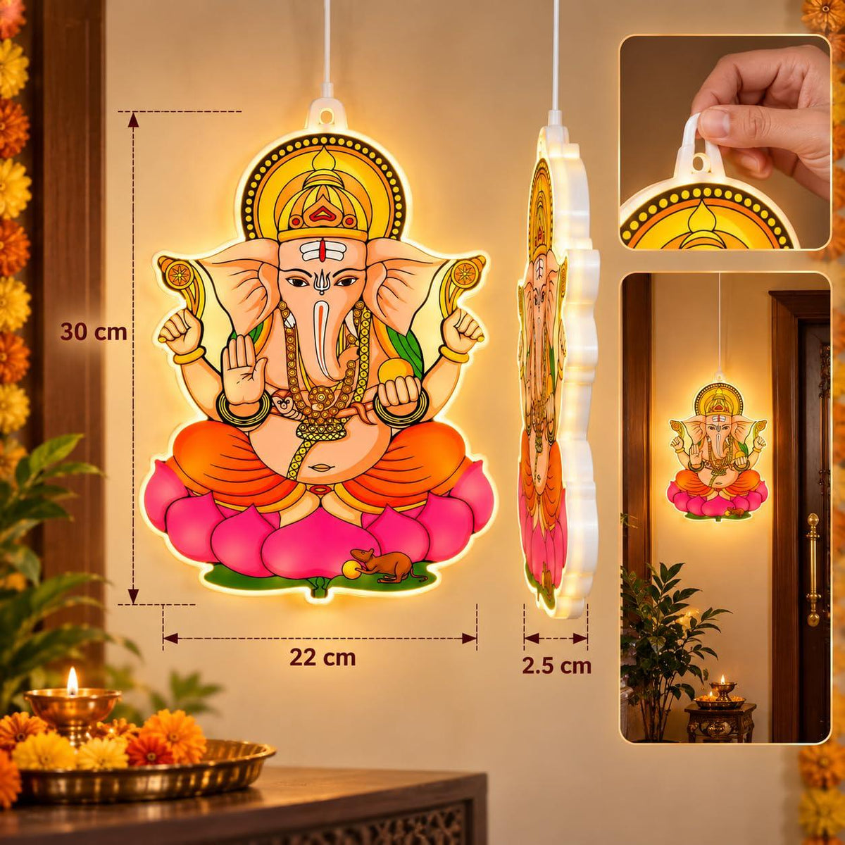Premium 3D LED Ganesha Wall Hanging Light (12 x 9 Inch) – Warm White Backlit Divine Lord Ganesh Idol Frame with Double-Sided Print & 2-Pin Plug for Mandir, Living Room, Entrance & Festive Gifting