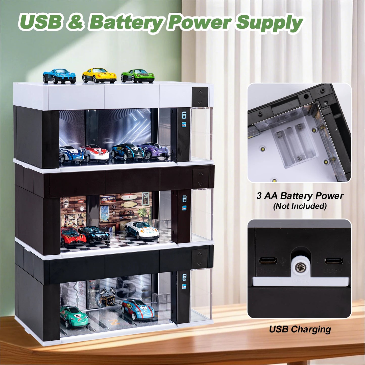 Car Garage Display Case with Door & LED Lights – Dustproof Storage for Model Cars (1:64 Scale)