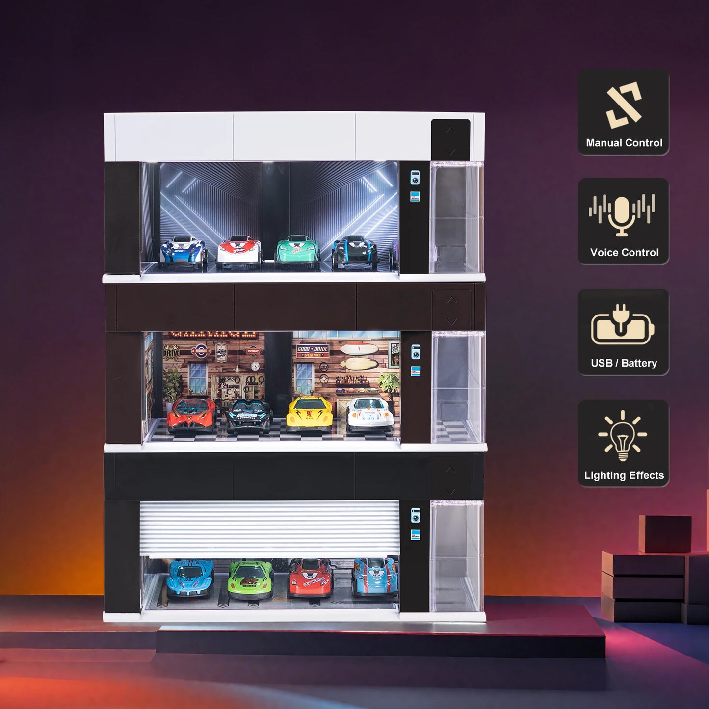 Car Garage Display Case with Door & LED Lights – Dustproof Storage for Model Cars (1:64 Scale)