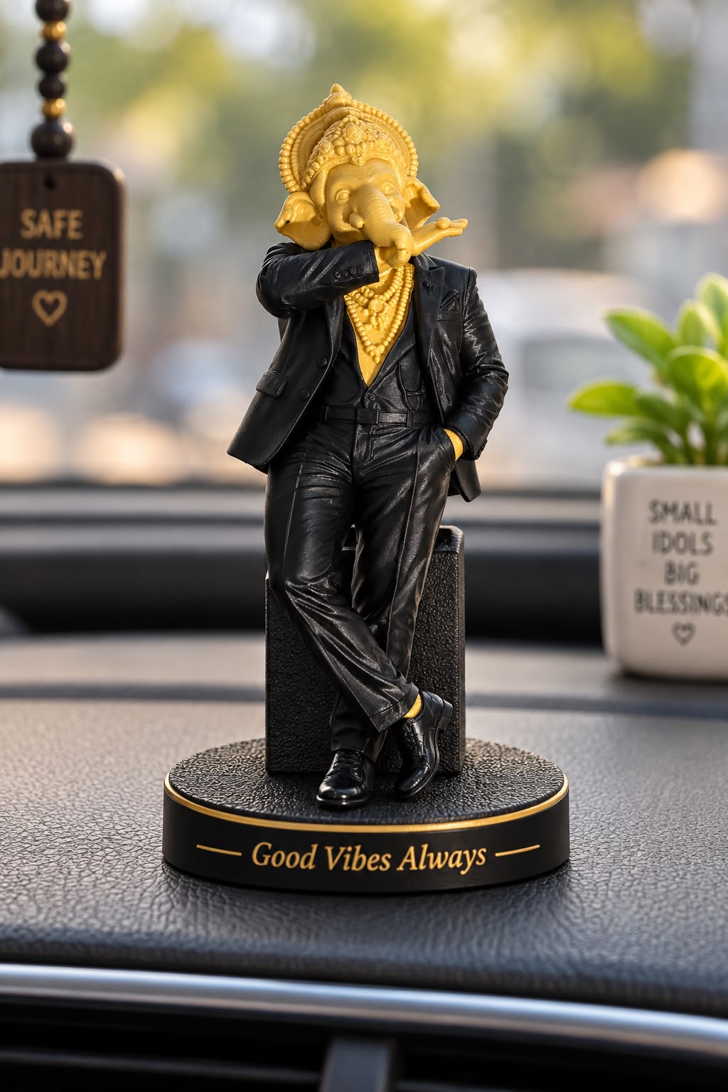 Modern Dapper Ganesha 3D-Printed Figurine – "Good Vibes Always" Dashboard & Desk Idol