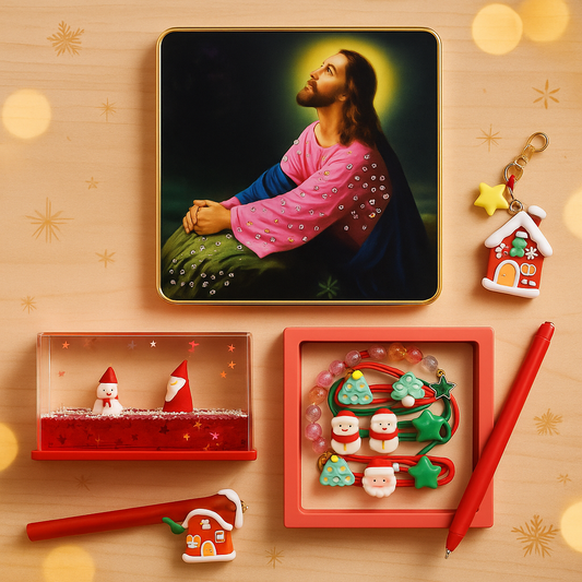 Christmas Spirit Gift Combo – Jesus Crystal Frame + Girls Christmas Hair Set + Floating Snow Block