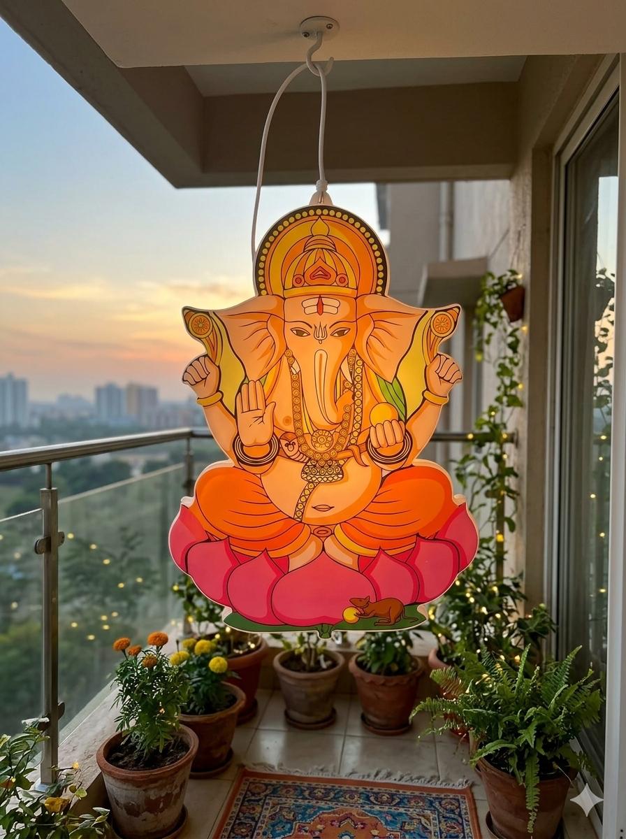 Premium 3D LED Ganesha Wall Hanging Light (12 x 9 Inch) – Warm White Backlit Divine Lord Ganesh Idol Frame with Double-Sided Print & 2-Pin Plug for Mandir, Living Room, Entrance & Festive Gifting