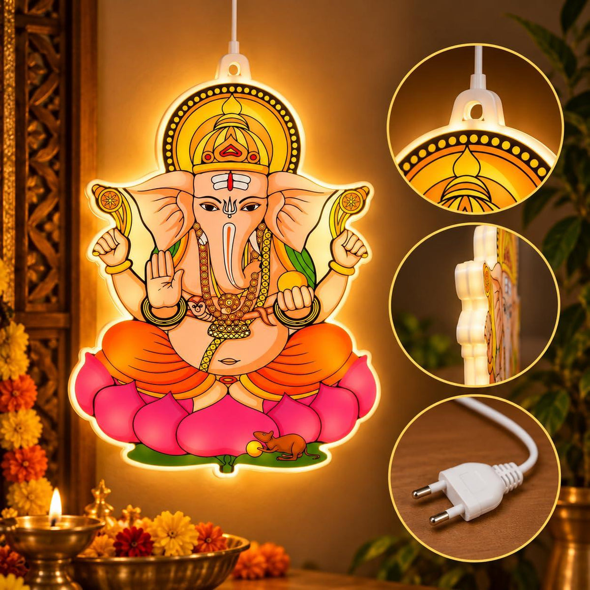 Premium 3D LED Ganesha Wall Hanging Light (12 x 9 Inch) – Warm White Backlit Divine Lord Ganesh Idol Frame with Double-Sided Print & 2-Pin Plug for Mandir, Living Room, Entrance & Festive Gifting