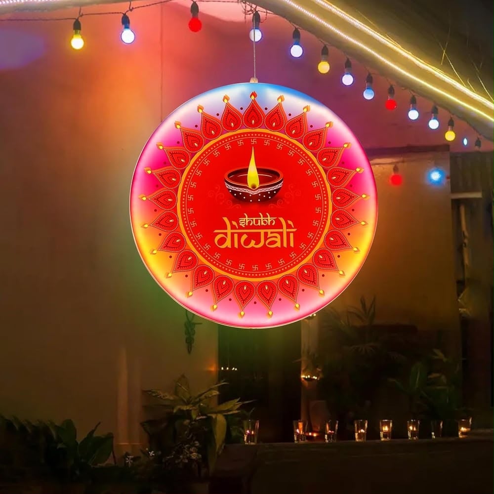 LED Illuminated Hanging Shubh Diwali Acrylic Disc Light (30x30 cm) | Festive Entrance Door & Wall Hanging Décor