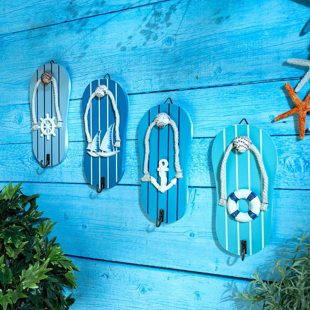 Nautical Flip-Flop Key Holder | Beach Theme Wall Decor with Rope & Ship Wheel