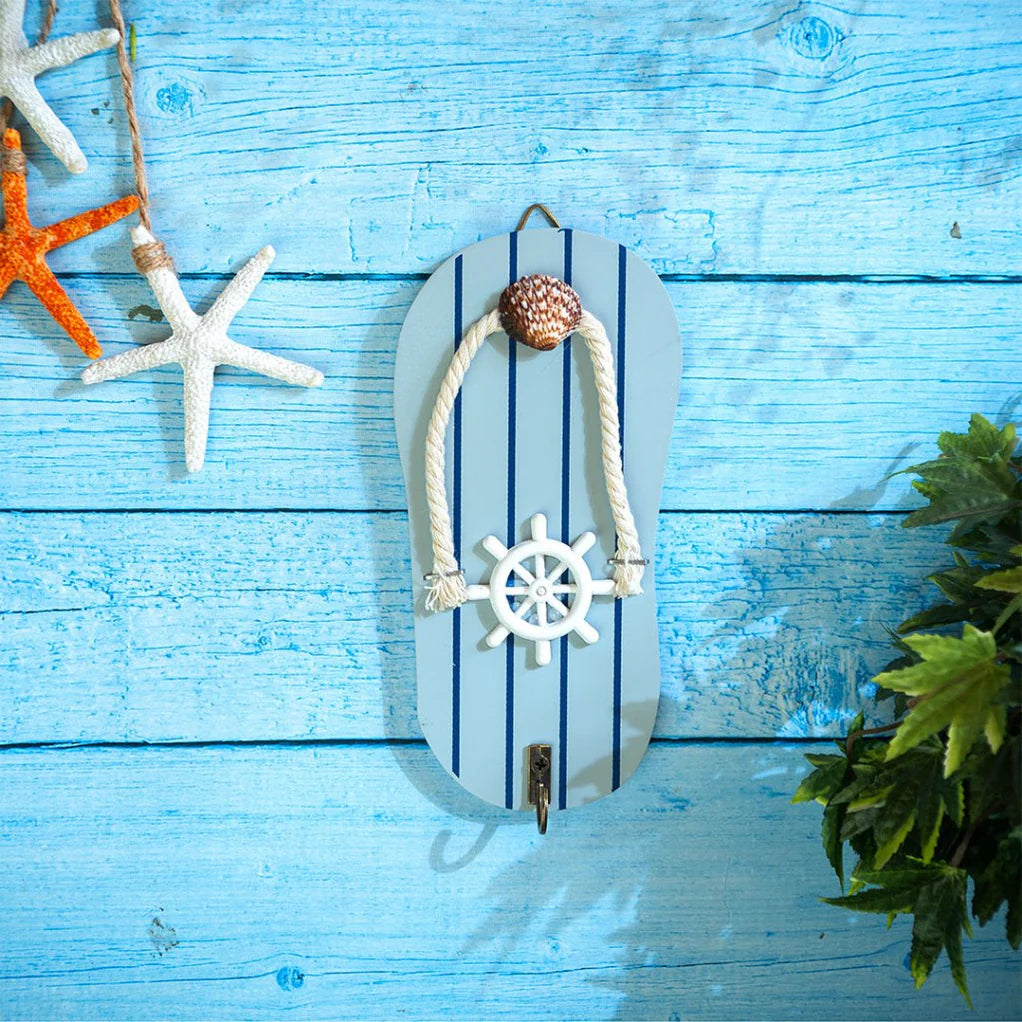 Nautical Flip-Flop Key Holder | Beach Theme Wall Decor with Rope & Ship Wheel