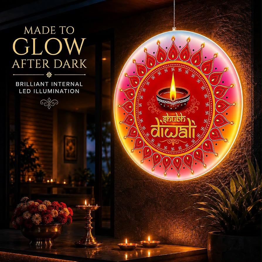 LED Illuminated Hanging Shubh Diwali Acrylic Disc Light (30x30 cm) | Festive Entrance Door & Wall Hanging Décor