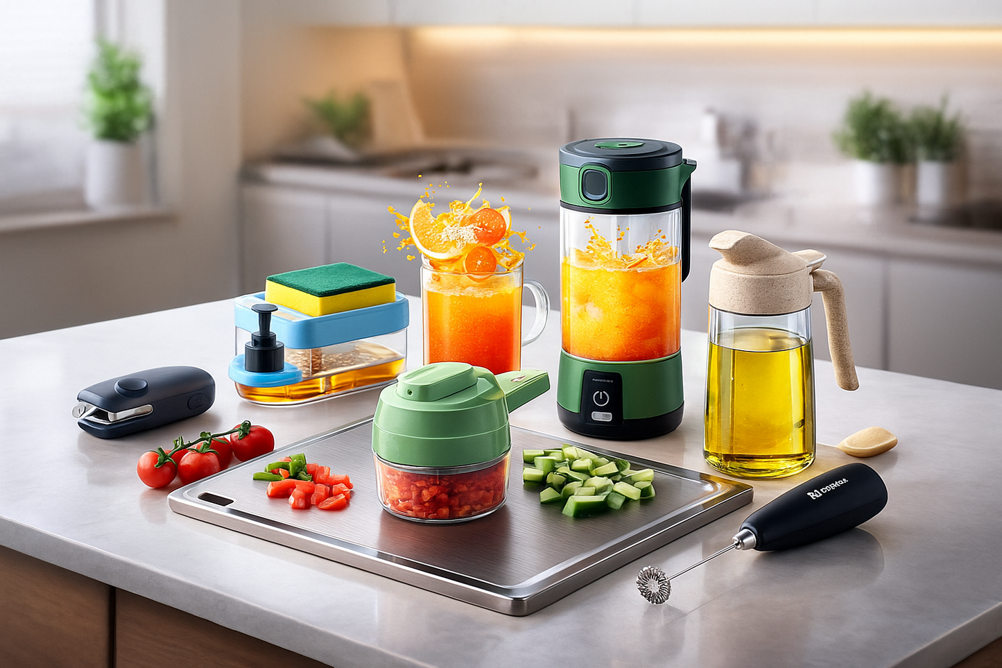 Kitchen Essentials Combo Premium 7-in-1  Portable Sealer, 3-in-1 Soap Dispenser, Rechargeable Juice Blender, Steel Chopping Board, Milk Frother, Multifunctional Slicer & Spray Oil Bottle