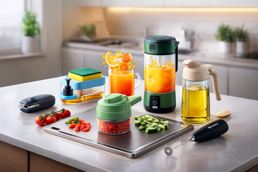 Kitchen Essentials Combo Premium 7-in-1  Portable Sealer, 3-in-1 Soap Dispenser, Rechargeable Juice Blender, Steel Chopping Board, Milk Frother, Multifunctional Slicer & Spray Oil Bottle