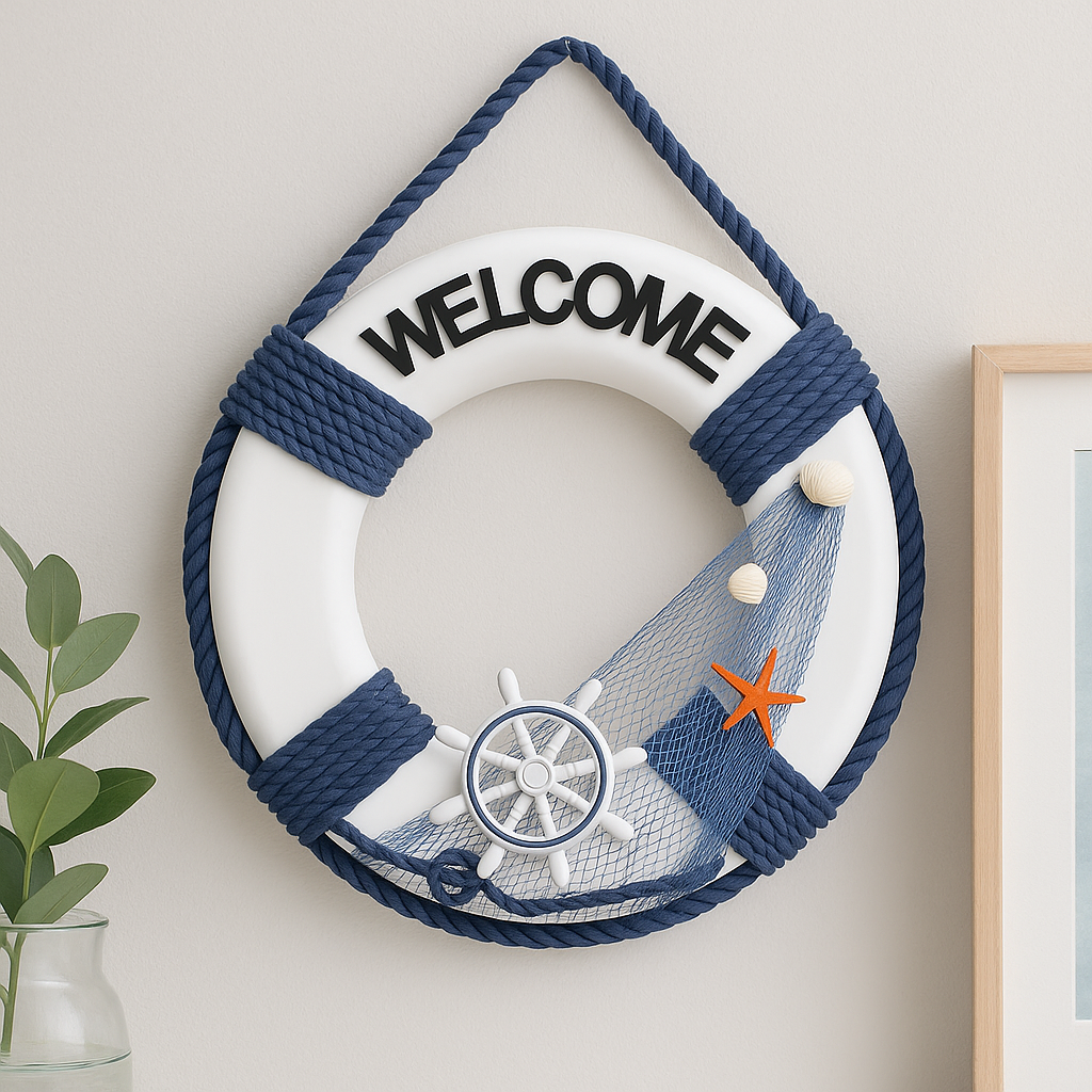 Marine Theme Welcome Ring Decor – Rope, Shell & Starfish Wall Piece