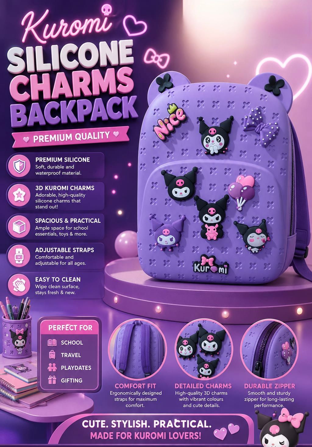 Premium Silicone DIY Charm Backpack for Kids – Waterproof, Lightweight School & Travel Daypack