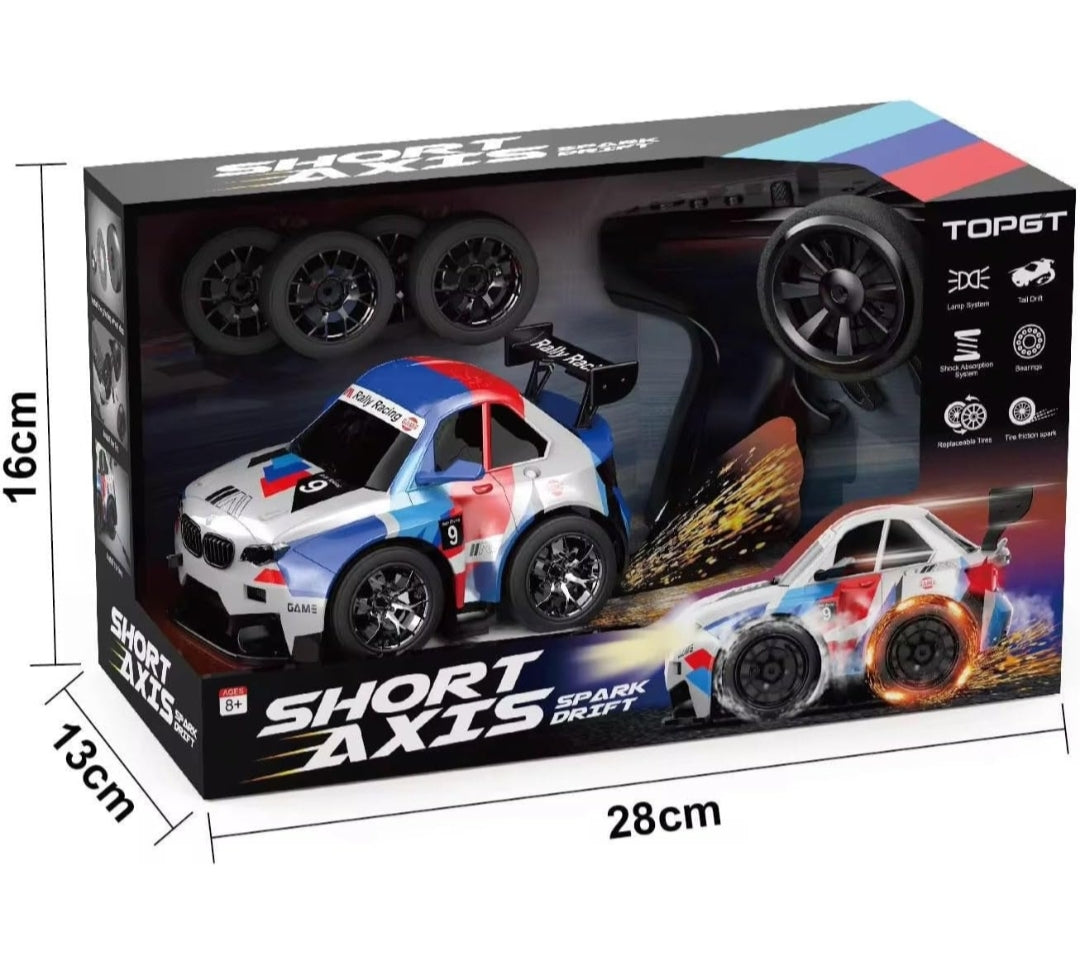 High-Speed RC Drift Car with Spark Effect | Short Axis 2.4GHz Remote Control Racing Toy with LED Lights & Replaceable Drift Tyres for Kids & Adults