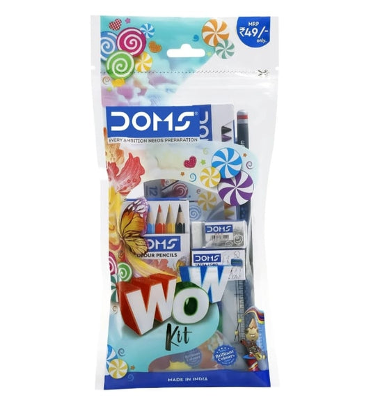 Doms wow kit
( wax crayon pack, colour pencil, water colour pen pack, pencil, scale ,eraser ,sharpener)