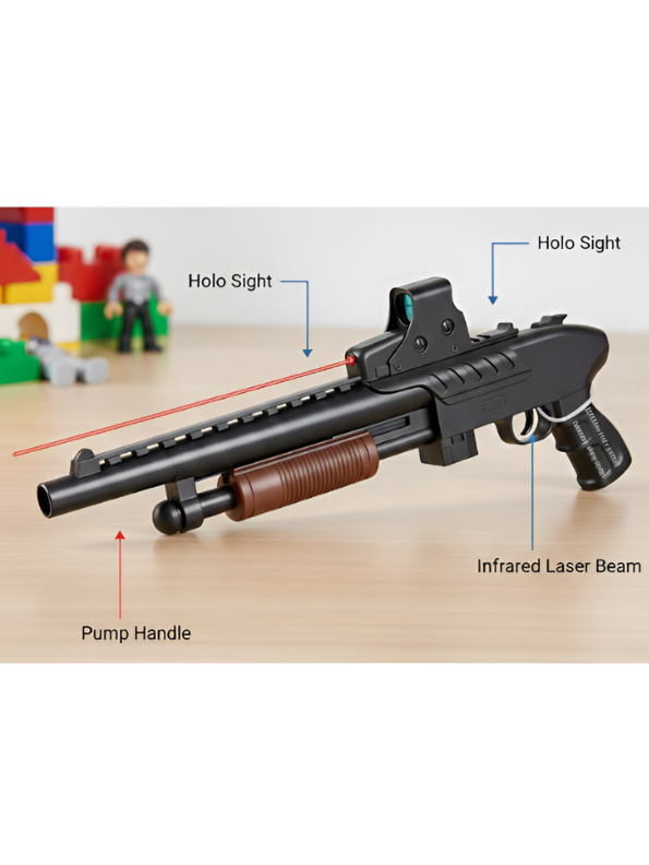 Tactical Toy Shotgun Rifle – Pump-Action Plastic Toy Gun with Red Dot Sight and Laser, Black & Wood Grain LMI15734