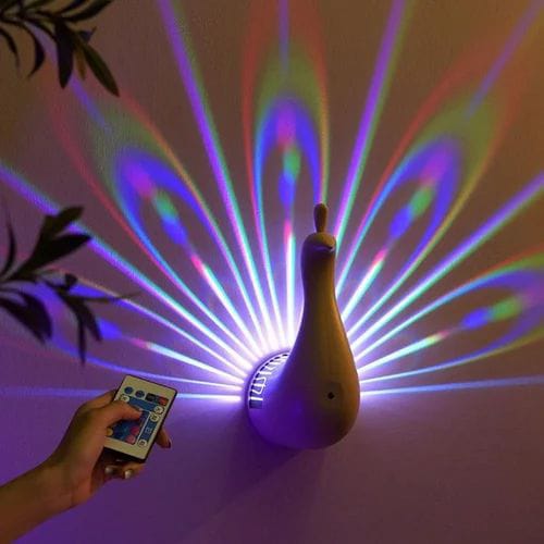Peacock Wall Lamp LED Night Light | Multi Color Changing Ambient Projection Lamp with Remote Control | USB Rechargeable Decorative LED Mood Light for Bedroom, Living Room