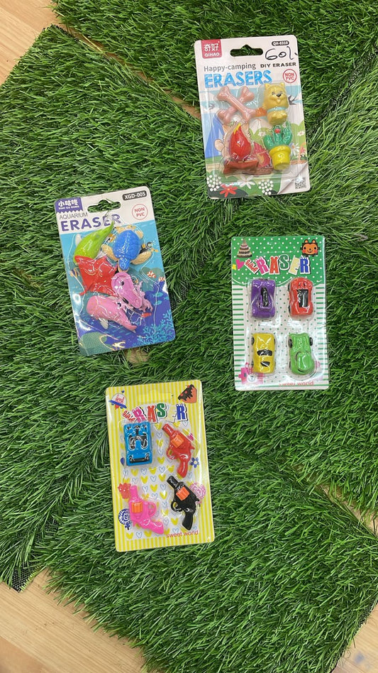 Fun-Themed Mini Eraser Set - Camping, Aquarium, Cars & Guns ( 2 Packs for 100 Rupees)"
