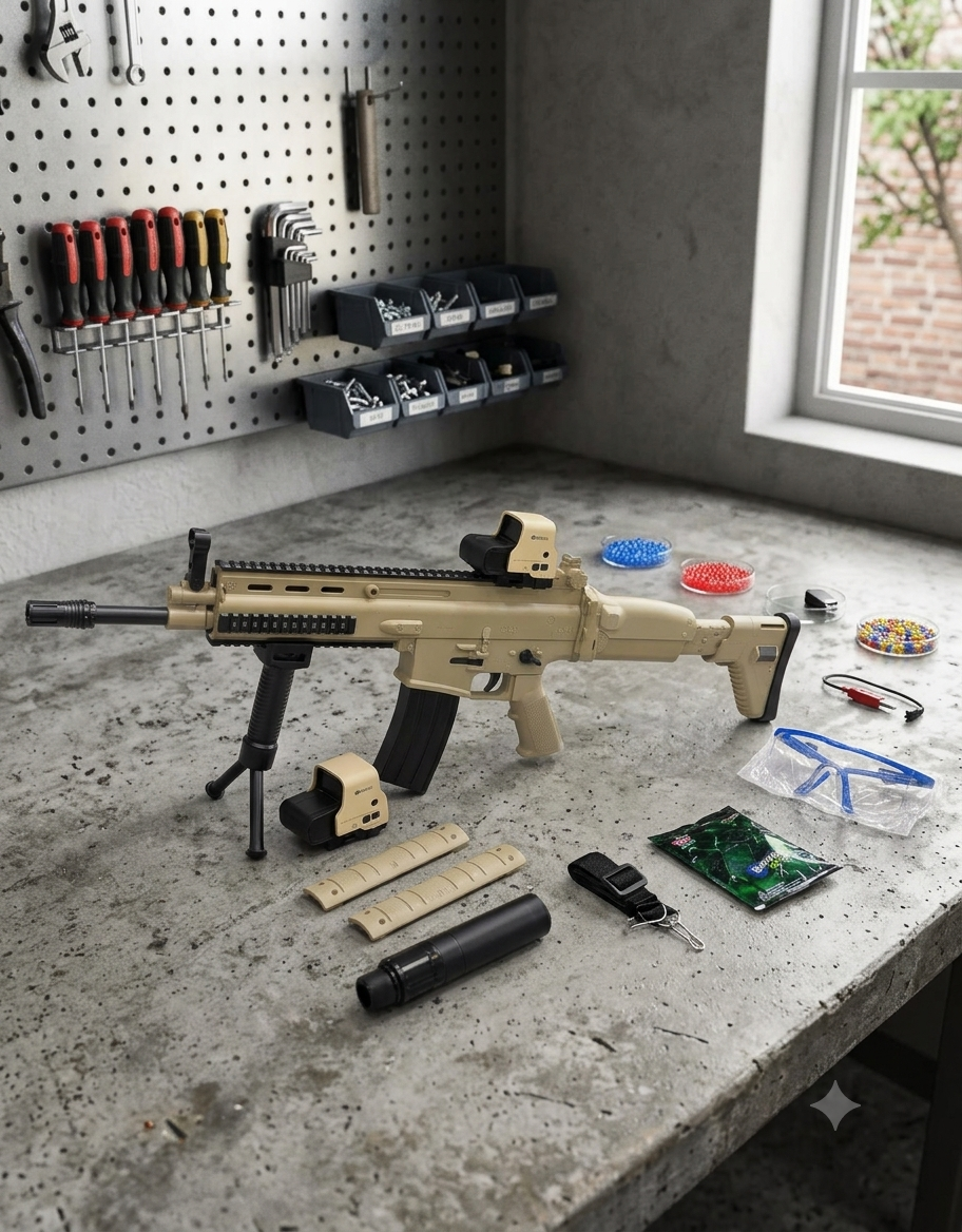 Electric SCAR Gel Ball Blaster Gun – Full Auto Hydrogel Toy with Tactical Scope, Bipod & Complete Accessory Kit (Ages 14+)
