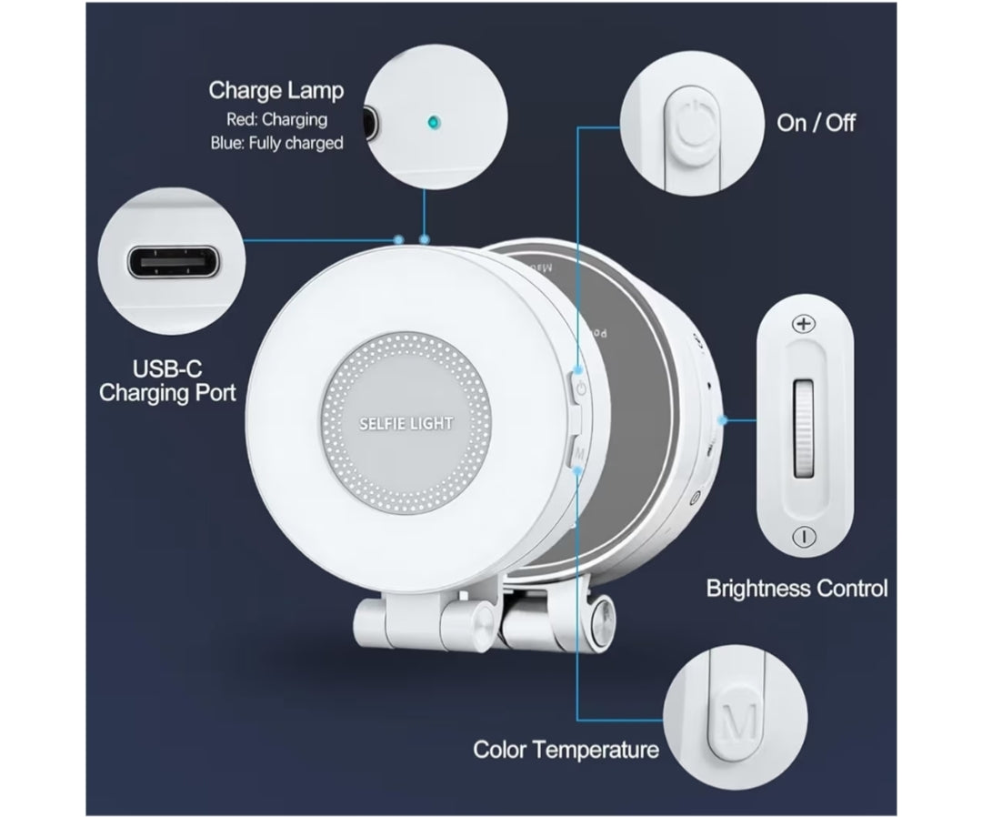 Magnetic Beauty Selfie Light with 2.4" Mirror, Adjusted 3 Modes, Rechargeable Fill Light for Selfies, Photography,Makeup,Vlog (3-in-1 Magnetic Beauty Selfie Light)