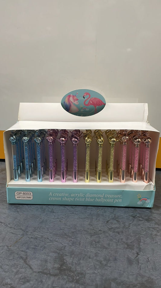 Acrylic Diamond Treasure Crown Shape Twist Ballpoint Pen Set (48PCS, 0.7MM, Blue Ink)