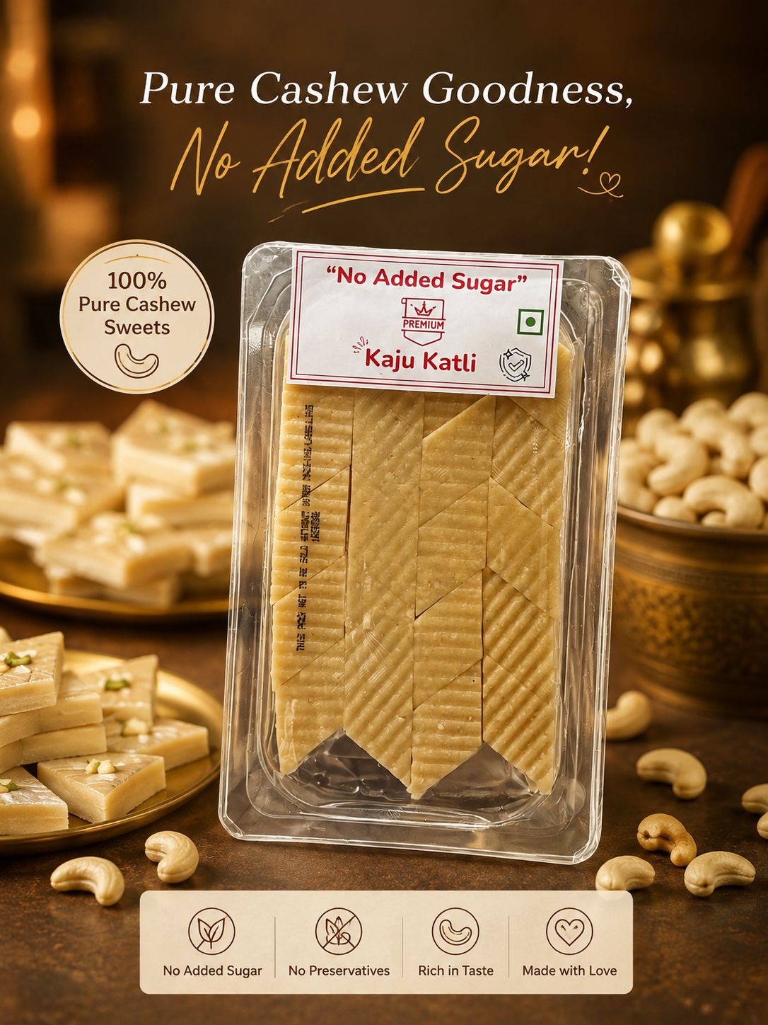 Premium No Added Sugar Kaju Katli | 100% Pure Cashew Indian Mithai | Guilt-Free & Preservative-Free (100g)