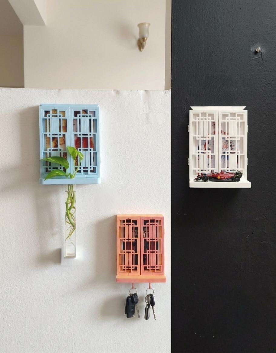 3-in-1 Traditional Lattice Window Wall Shelf & Organizer | Photo Frame, Hydroponic Planter & Key Holder