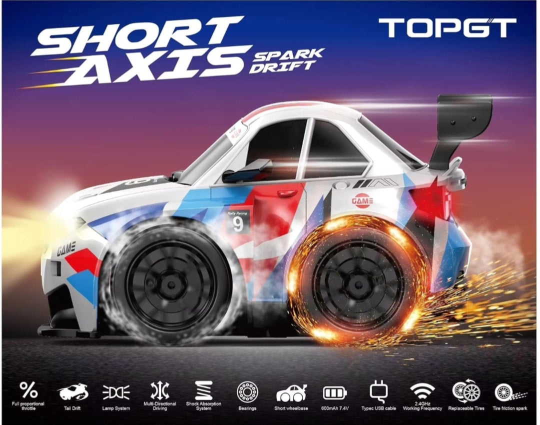 High-Speed RC Drift Car with Spark Effect | Short Axis 2.4GHz Remote Control Racing Toy with LED Lights & Replaceable Drift Tyres for Kids & Adults