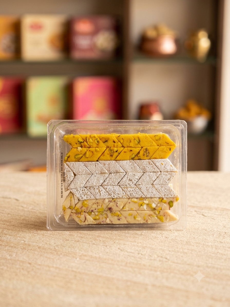 Royal Assorted Kaju Katli Trio Gift Pack – Classic Silver, Kesar, & Mawa Nut Fudge (Fresh & Handcrafted) 225g
