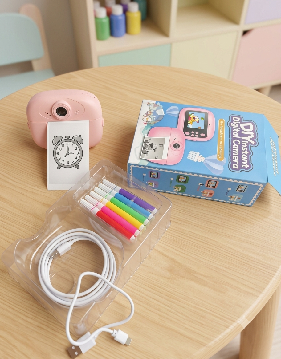 📸 Kids DIY Instant Print Digital Camera – Zero-Ink Black & White Printing, Coloring Markers & Rechargeable Battery