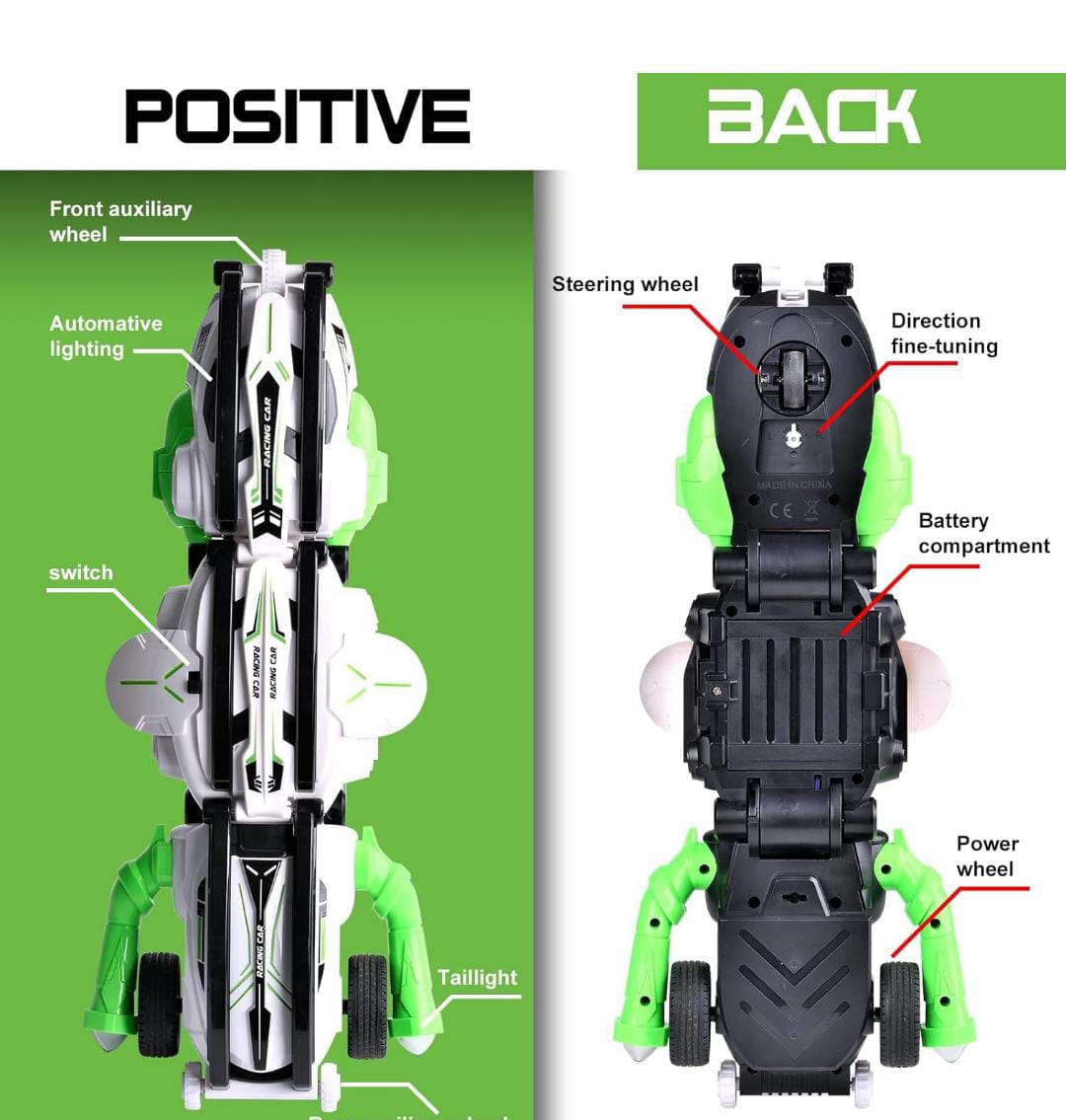 Transforming Stunt RC Car – 2-in-1 Remote Control Racer & Robot with 360° Spins and LED Lights