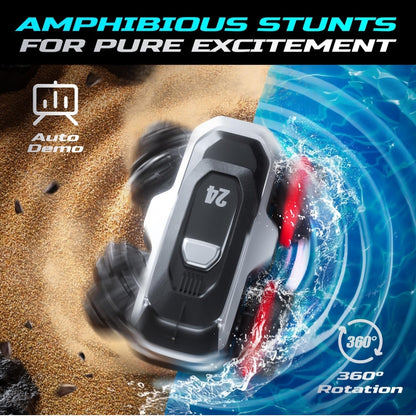 Amphibious RC Stunt Car: 4WD Waterproof Remote Control Truck with 360° Spins, All-Terrain Dual Tires, & 2 Rechargeable Batteries – 1:64 Scale Gift for Kids