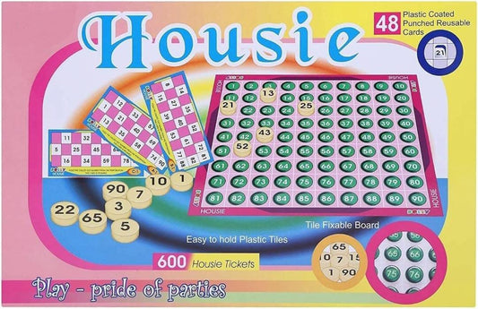 Dolly Housie Board Game - 600 Tickets with 48 Reusable Cards & Flexible Tile Board