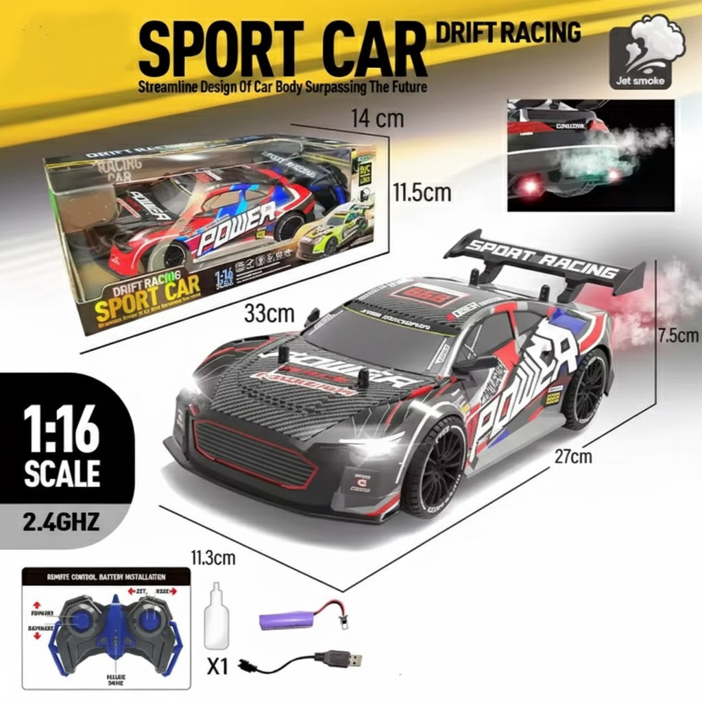 Racing Conqueror 1:16 Scale RC Drift Car – 2.4GHz 4WD High-Speed Remote Control Car with LED Lights, Dual Tires & Rechargeable Battery